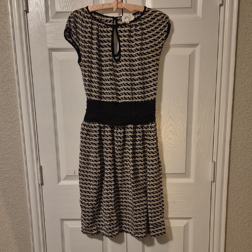 MILLY geometric Print sheath 6 gray+black Silk Sleeveless Mini Dress